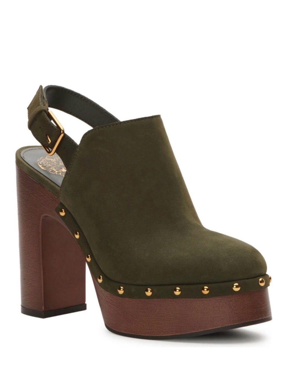 NIB Vince Camuto Ithernda Olive Suede Studded Platform Slingback Clogs Size 10